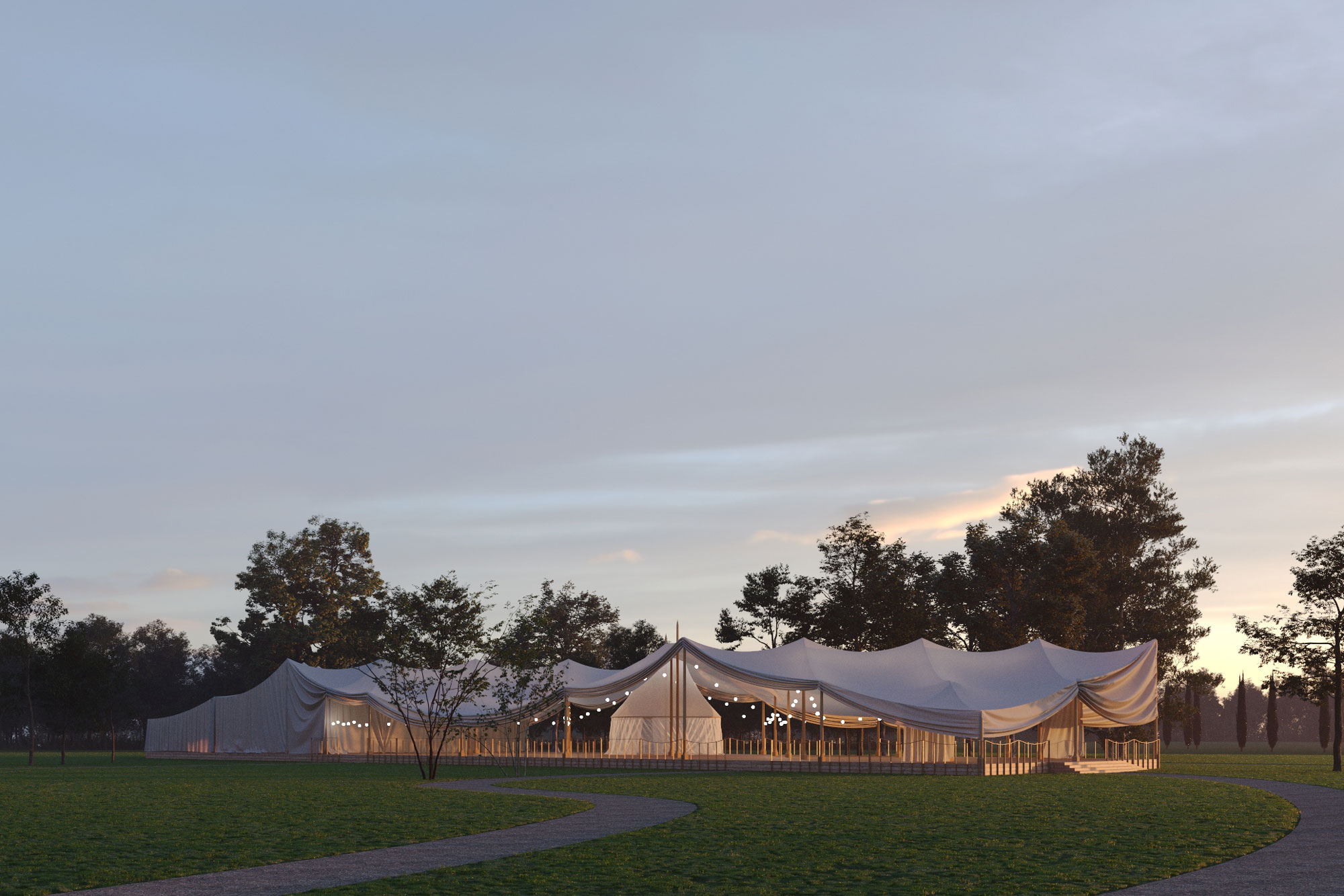 Rendering of an empty pavillion covered in fabric